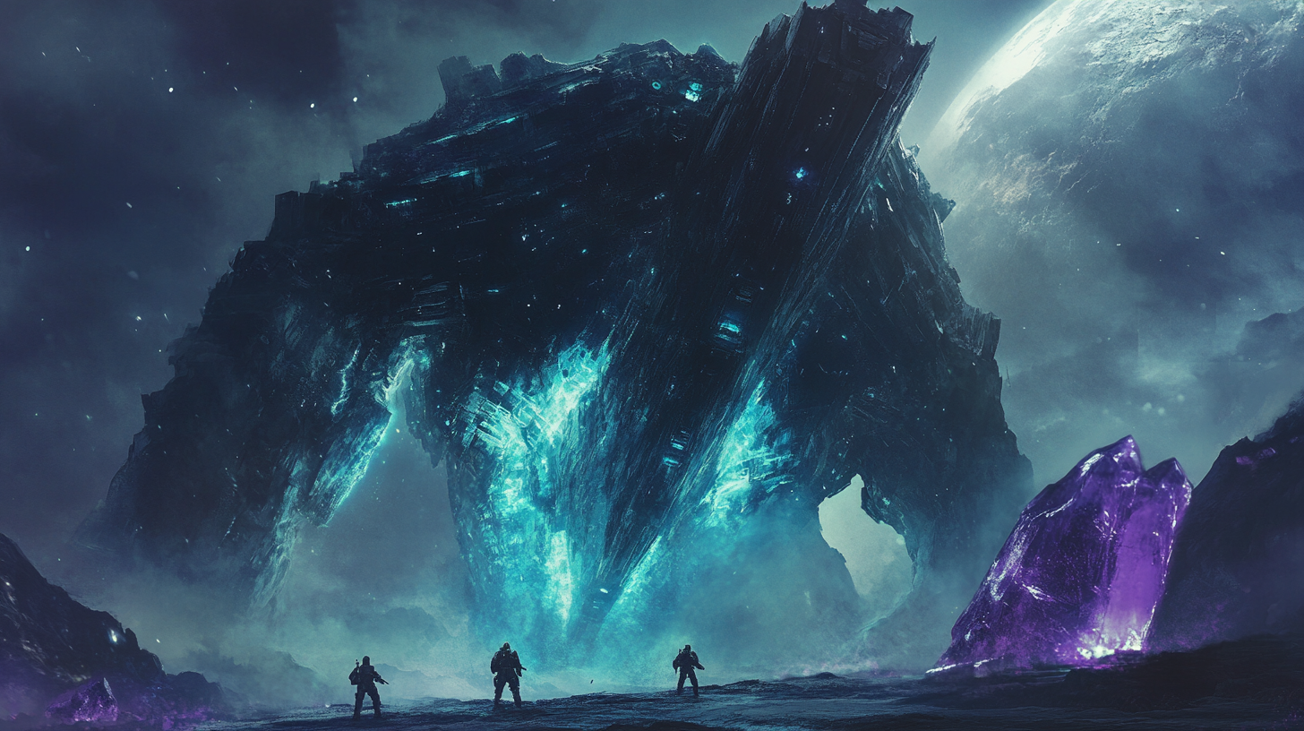 The Bastion — a massive crystalline war platform towering over a Warden squad on the surface of Veris